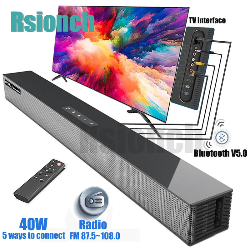 Rsionch Wall-mountable Speaker Soundbar Wireless TV Soundbar FM Radio Home Theater Speakers for Laptops Smartphone USB/TF