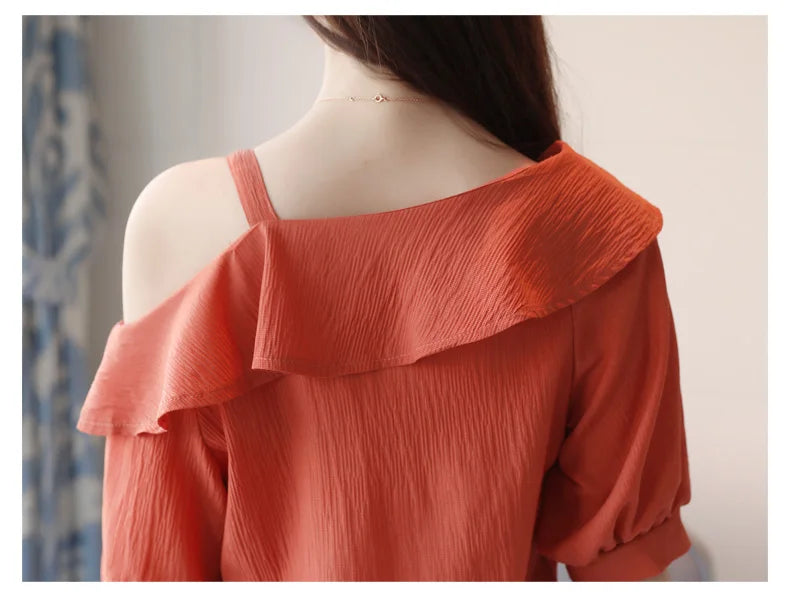 Fashion Women Blouses 2024Sexy Off Shoulder Top Slash Neck Chiffon Blouse Shirt Short Sleeve Women Shirts Summer Women Tops B49