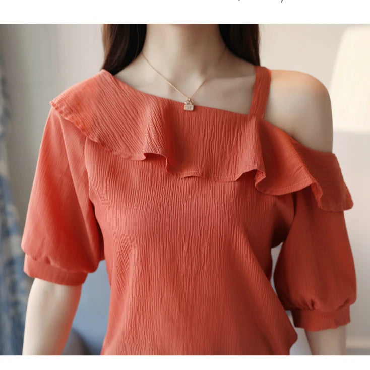 Fashion Women Blouses 2024Sexy Off Shoulder Top Slash Neck Chiffon Blouse Shirt Short Sleeve Women Shirts Summer Women Tops B49