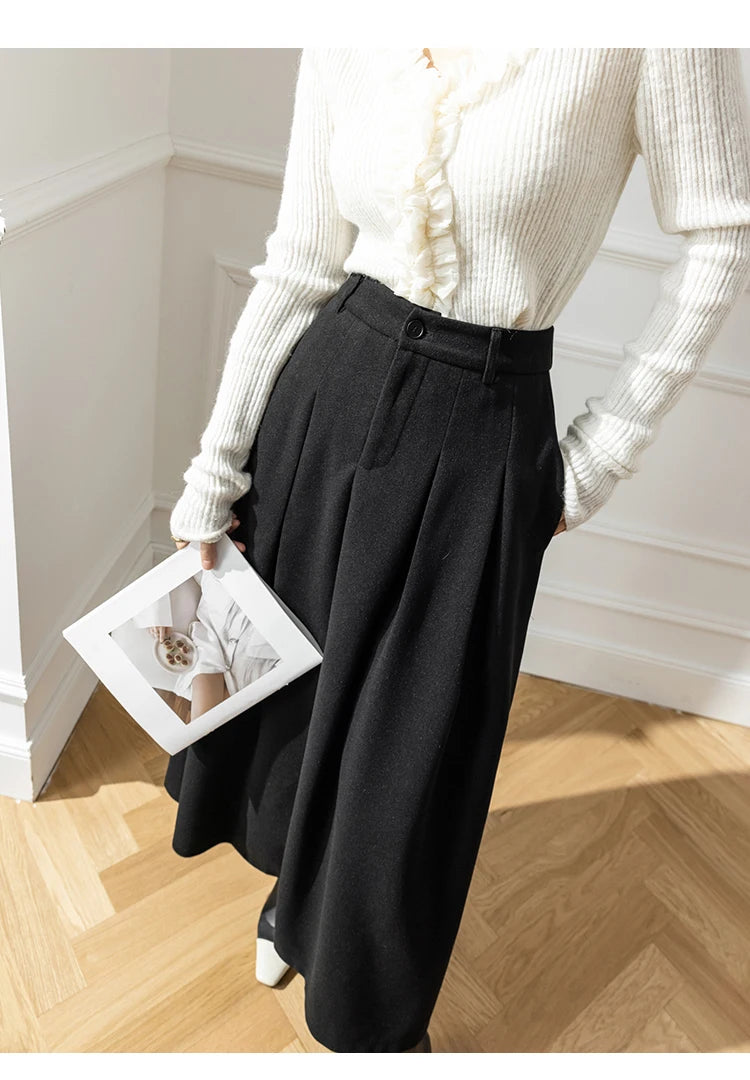 Elegant Women Faux Woolen Skirts For Office Ladies Pockets Casual Loose A-Line High Waist Midi Skirt 2023 Autumn Winter SK11