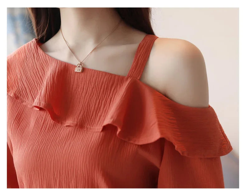 Fashion Women Blouses 2024Sexy Off Shoulder Top Slash Neck Chiffon Blouse Shirt Short Sleeve Women Shirts Summer Women Tops B49