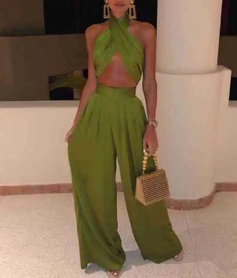 Summer Street Solid Color Sexy Cross Neck Sleeveless Halter Jacket High Waist Wide  Leg Pants Women'S Clothing Two-Piece Uit