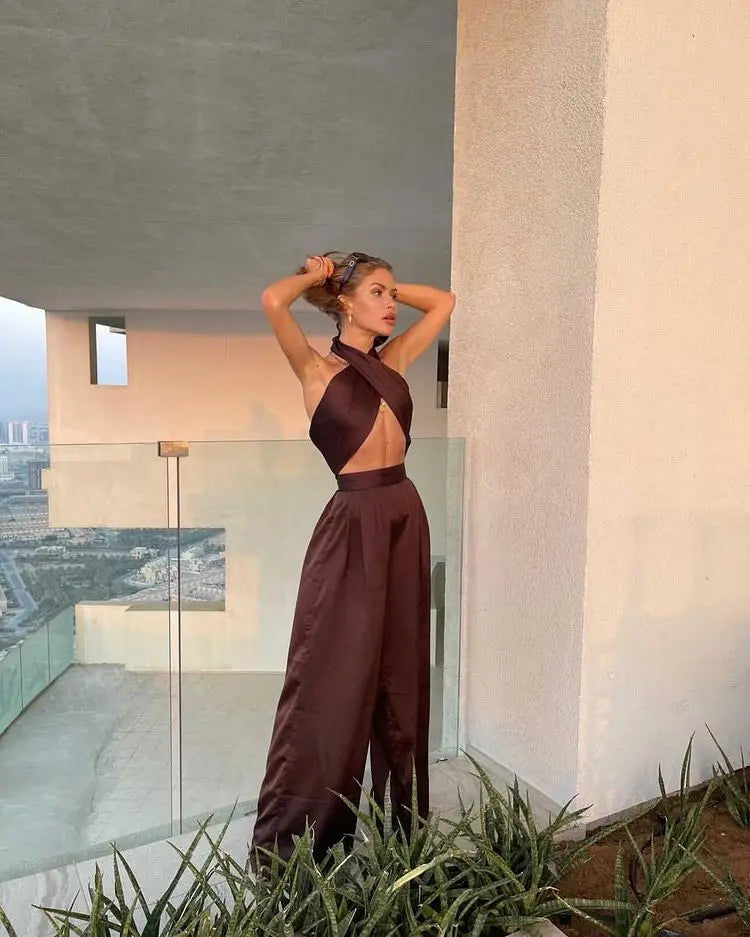 Summer Street Solid Color Sexy Cross Neck Sleeveless Halter Jacket High Waist Wide  Leg Pants Women'S Clothing Two-Piece Uit