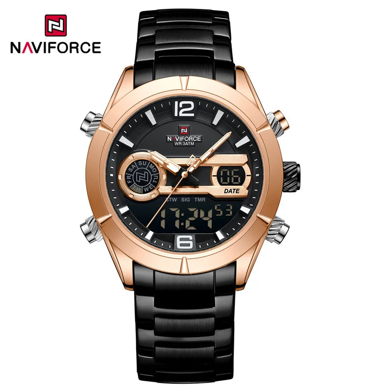 NAVIFORCE Luxury Military Sports Watch For Men Luminous Waterproof Steel Band Quartz Digital Dual Display Wrist Watch Male Clock