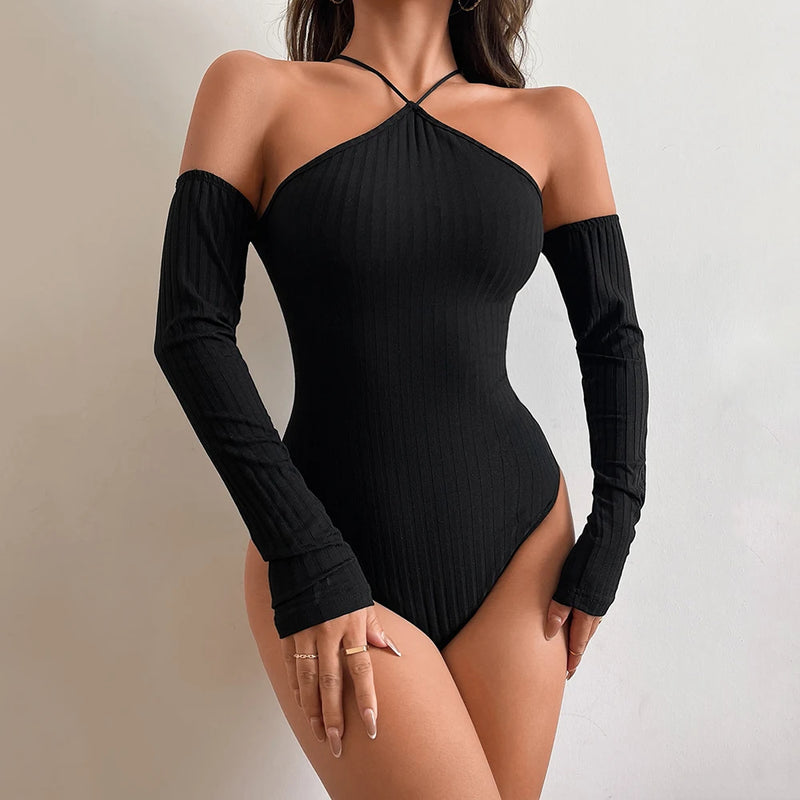 Sexy Body Off Shoulder Slim Black Women Bodysuit Pullovers Long Sleeve Top Bodysuits Femme Bodycon Vintage