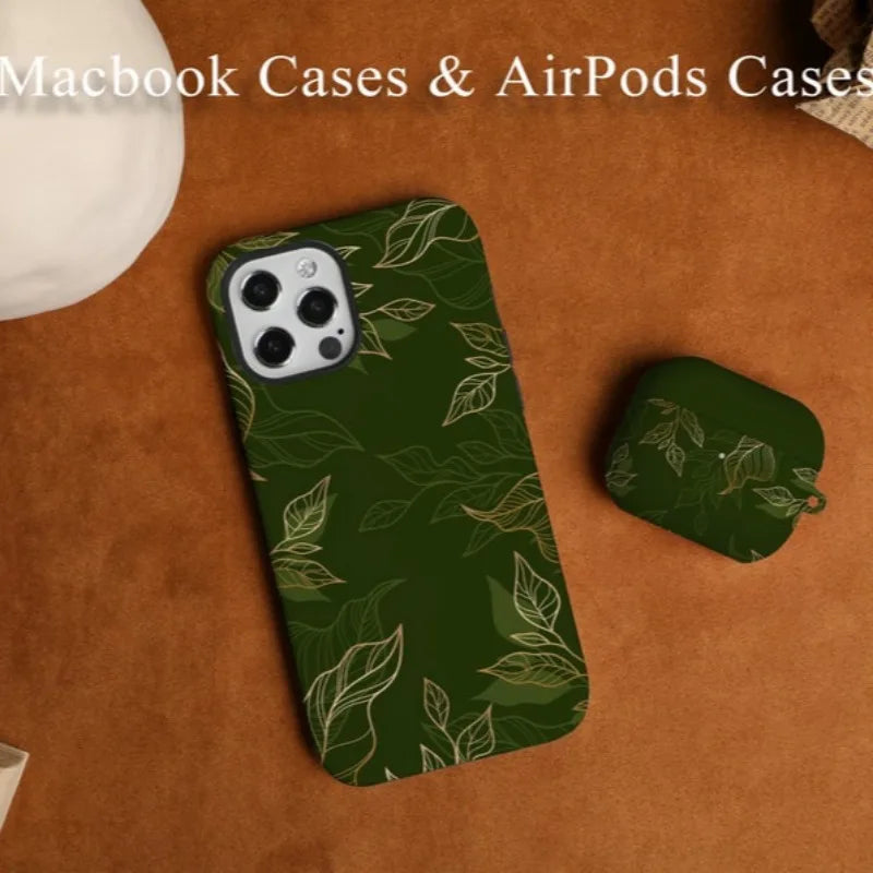 Olive Green Leaves Case For IPHONE 16ProMax 15 14 13 12 11 PRO Plus Acrylic TPU Two in one Magsafe Mobile Phone Cases