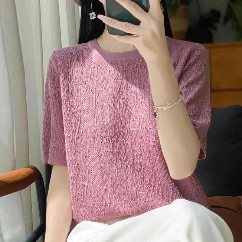 3D Relief Ice Silk Knitted Short Sleeved Women's Round Neck Loose Thin Jacquard Top Wth a Base T-shirt  2024Hot Selling Items