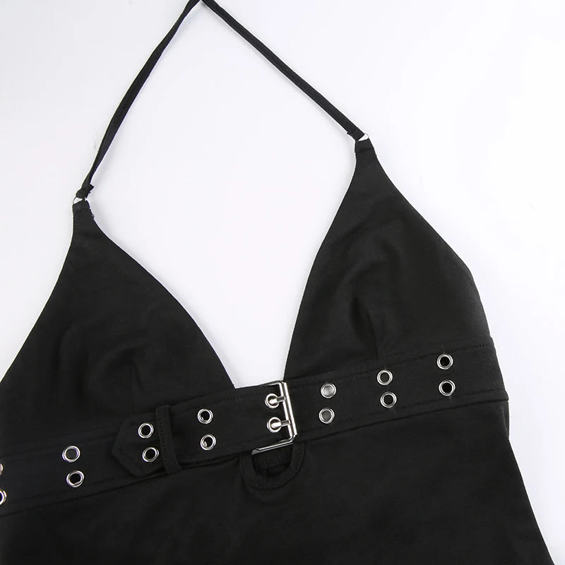 Backless Eyelet Buckle Lace-Up V Neck Halter Crop Vest Top Women Punk Style Gothic Streetwear