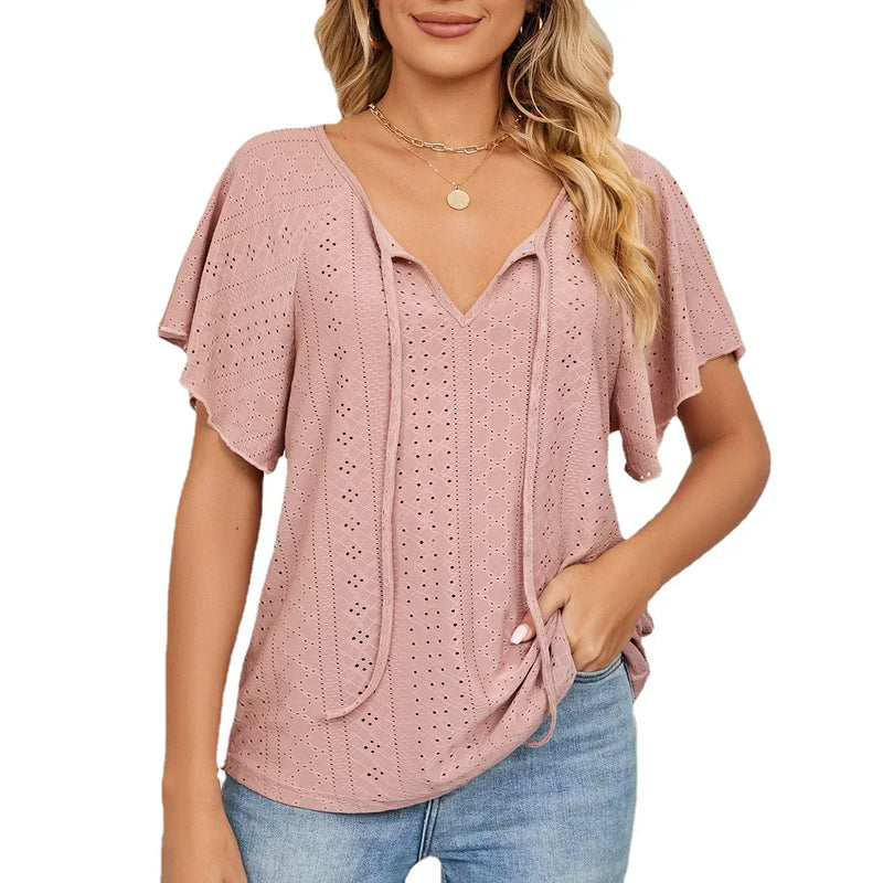 Women's Short Sleeve Solid Round Neck Lace Up T Shirt, Tops