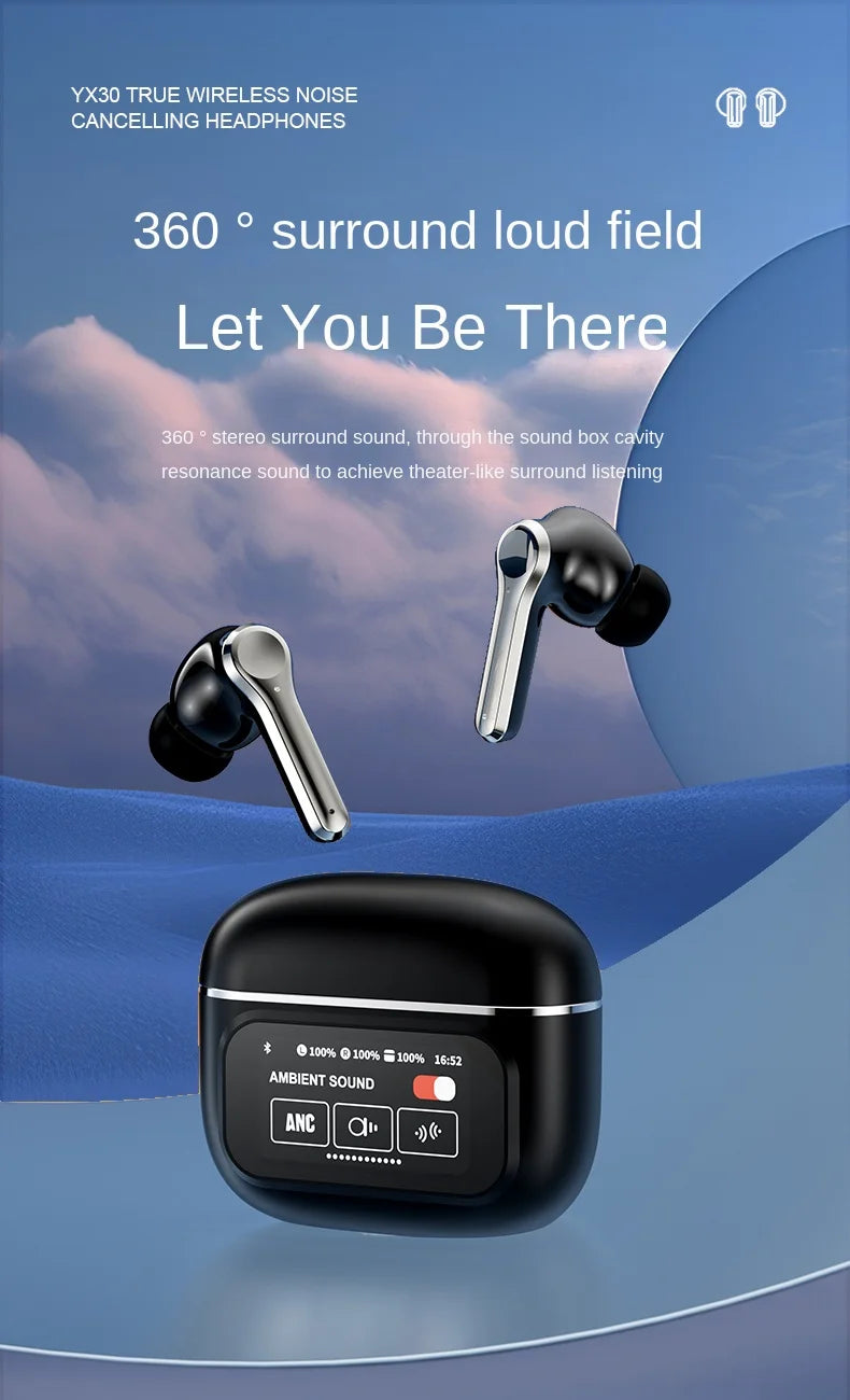 New Design YX30 TWS Earphones High Quality ANC Big Battery LED Touch Screen Wireless Earphones For Sport Gaming Running