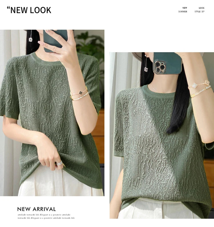 3D Relief Ice Silk Knitted Short Sleeved Women's Round Neck Loose Thin Jacquard Top Wth a Base T-shirt  2024Hot Selling Items