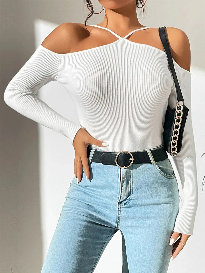 New Spring Summer Women Basics Cold Shoulder Ribbed Knit Cross Neck Sweater Top Femme Backless Y2k Long Sleeve Pullovers Clothes