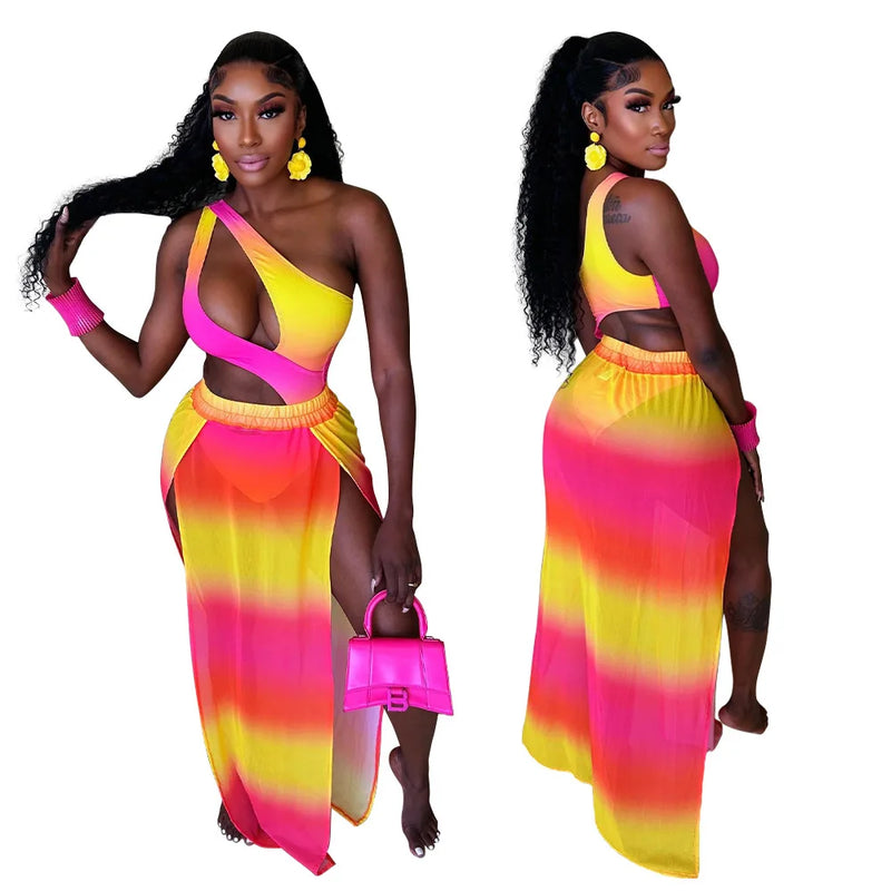 CM.YAYA Women Gradient Maxi Long Skirt Suit and Skew Collar Bodysuit Matching Two 2 Piece Set Outfit 2024 Summer Bikinis Set