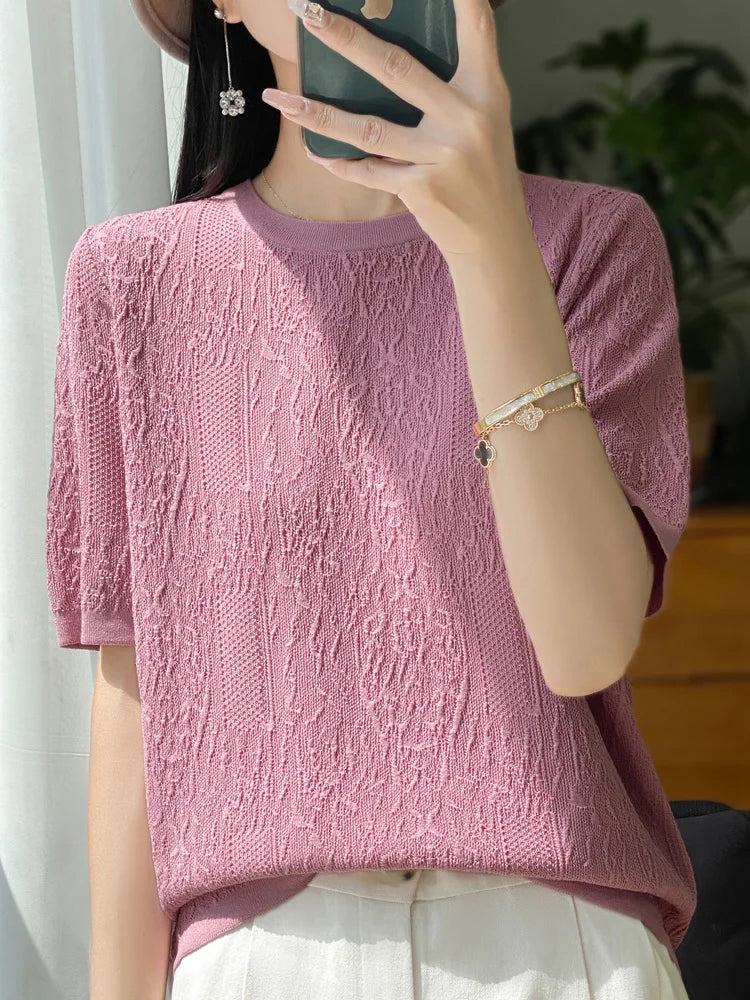 3D Relief Ice Silk Knitted Short Sleeved Women's Round Neck Loose Thin Jacquard Top Wth a Base T-shirt  2024Hot Selling Items