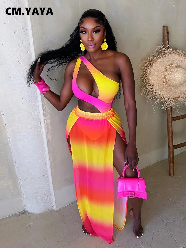 CM.YAYA Women Gradient Maxi Long Skirt Suit and Skew Collar Bodysuit Matching Two 2 Piece Set Outfit 2024 Summer Bikinis Set