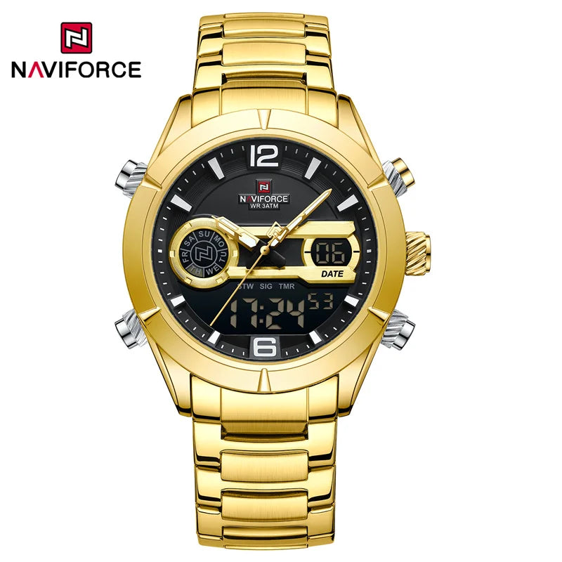 NAVIFORCE Luxury Military Sports Watch For Men Luminous Waterproof Steel Band Quartz Digital Dual Display Wrist Watch Male Clock