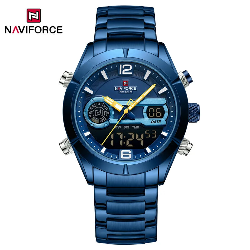 NAVIFORCE Luxury Military Sports Watch For Men Luminous Waterproof Steel Band Quartz Digital Dual Display Wrist Watch Male Clock