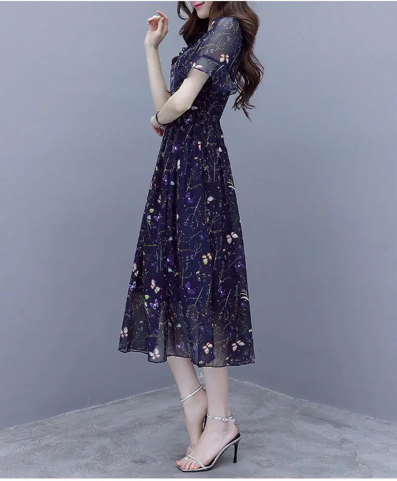 Stylish Casual Butterfly Printed Midi Dress Summer Bandage Elegant V-Neck Female Clothing A-Line Commute Ruffles Spliced Dresses