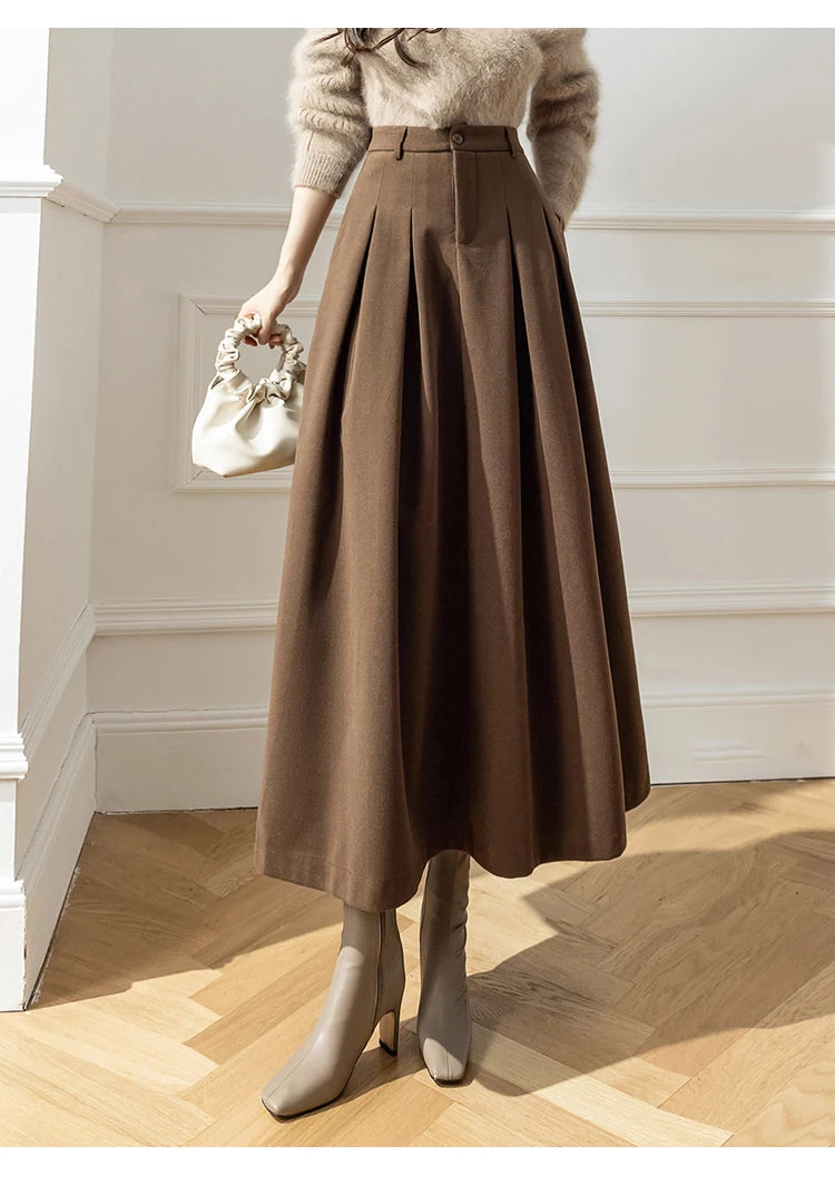 Elegant Women Faux Woolen Skirts For Office Ladies Pockets Casual Loose A-Line High Waist Midi Skirt 2023 Autumn Winter SK11