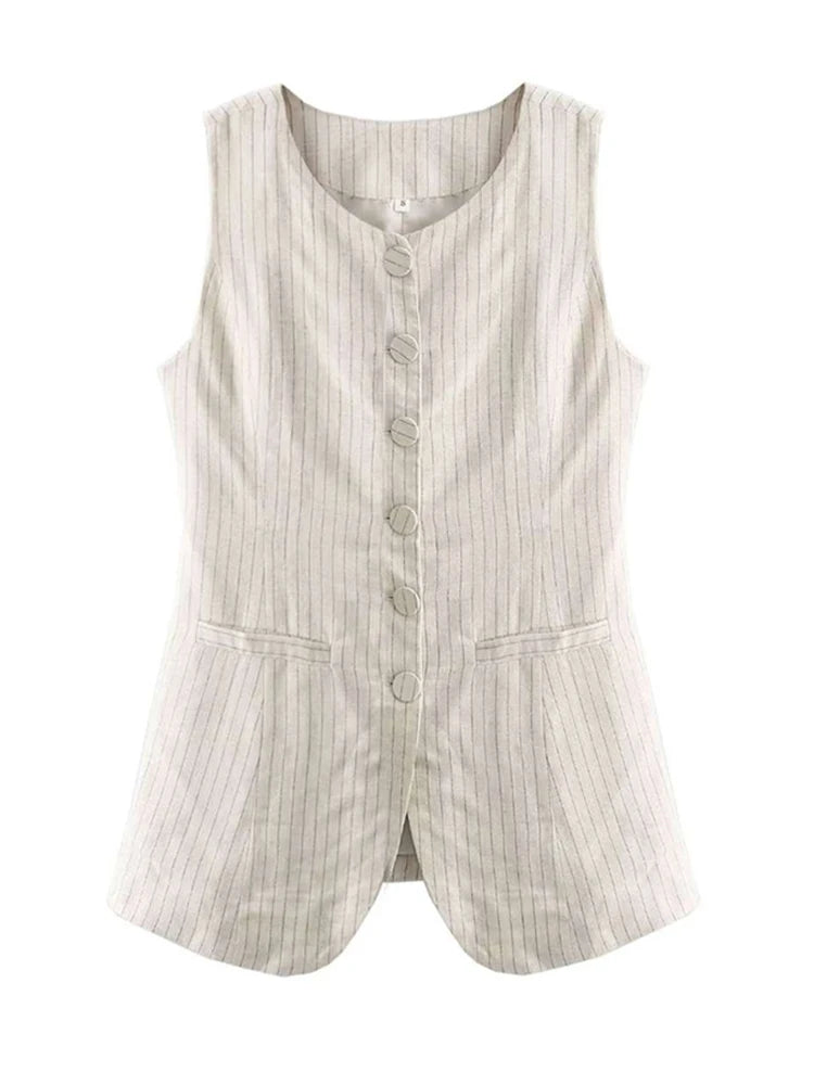 Fashion Linen Stripe Vests Women's 2024 Elegant O-neck Sleeveless Waistcoat Female Casual Single Breasted Pockets Lady Chic Tops