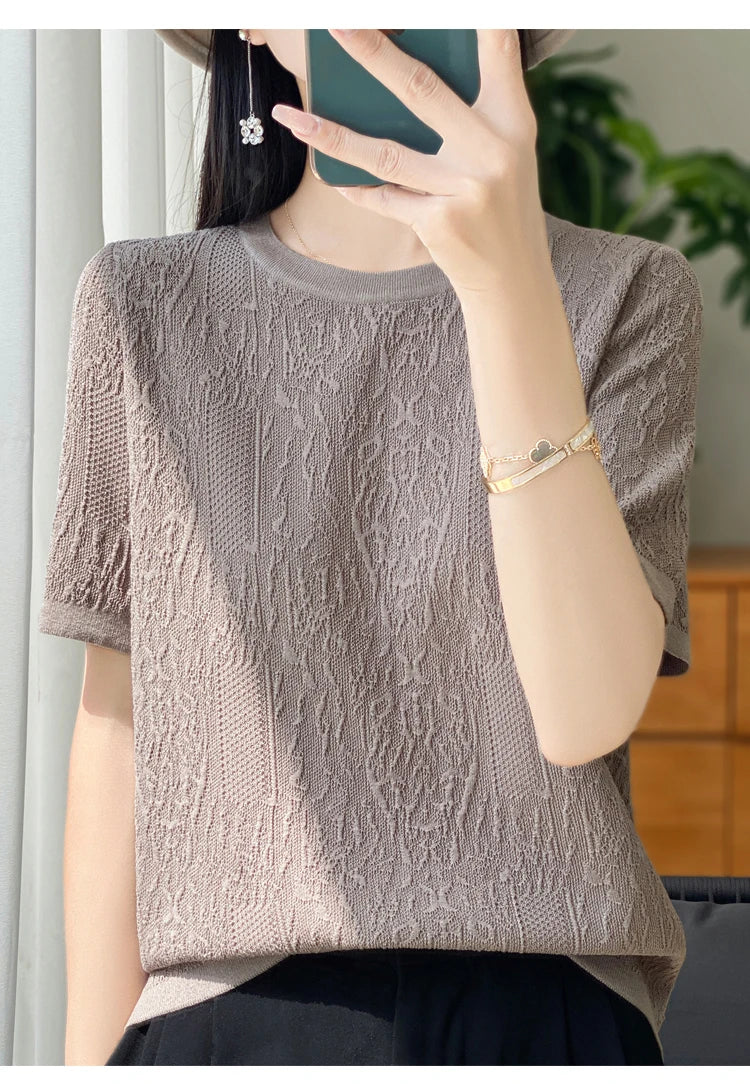 3D Relief Ice Silk Knitted Short Sleeved Women's Round Neck Loose Thin Jacquard Top Wth a Base T-shirt  2024Hot Selling Items