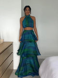 Printed Halter Top & Ruffles Half Skirt Set Fashion Crop Pullover And Long Skirts Suit 2024 Spring Summer Holiday Dress Bohe