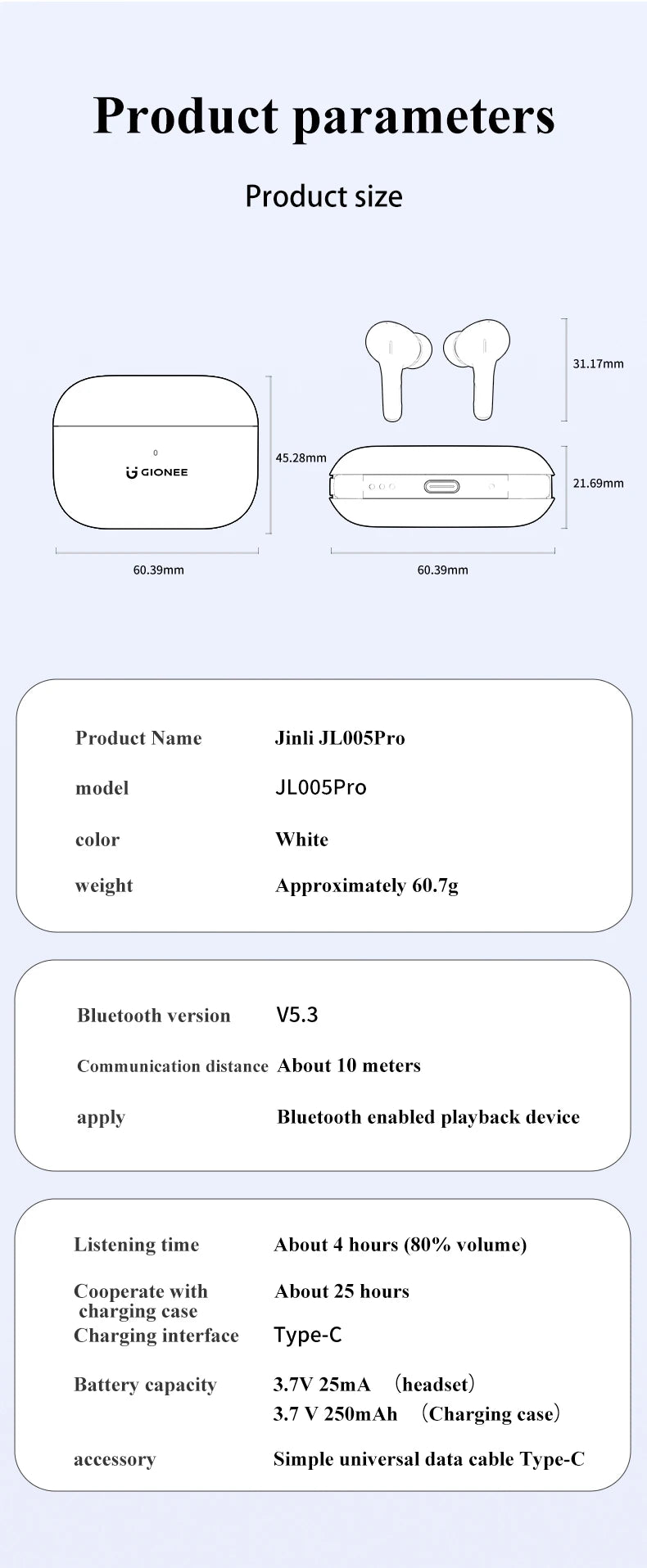 GIONEE JL005 In-ear ANC Wireless Earphone Bluetooth 5.3 Noise Cancellation Wireless Headphone Support 3D Spatial Audio Earbuds