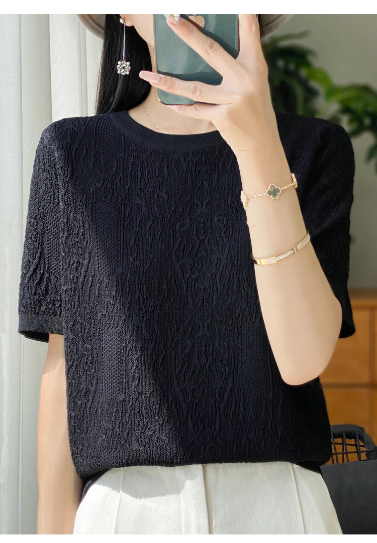 3D Relief Ice Silk Knitted Short Sleeved Women's Round Neck Loose Thin Jacquard Top Wth a Base T-shirt  2024Hot Selling Items