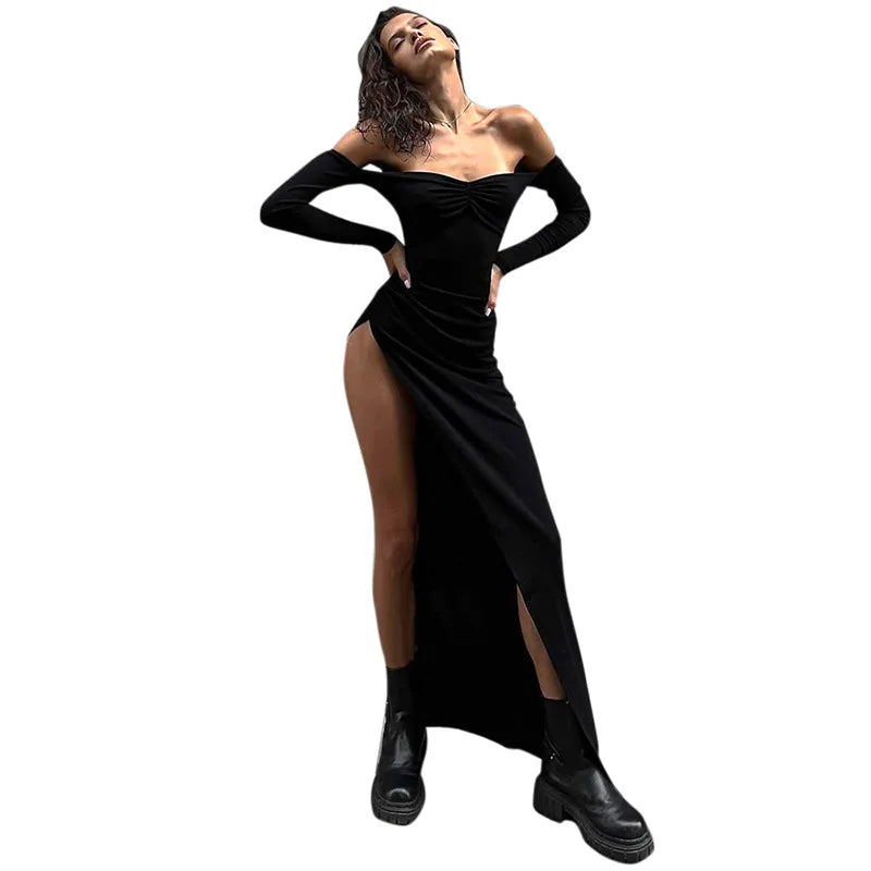 Off Shoulder Maxi Dresses For Women Clothes Black Vestidos Elegantes Para Mujer Long Sleeve Robe Femme High Slit Sexy Streetwear