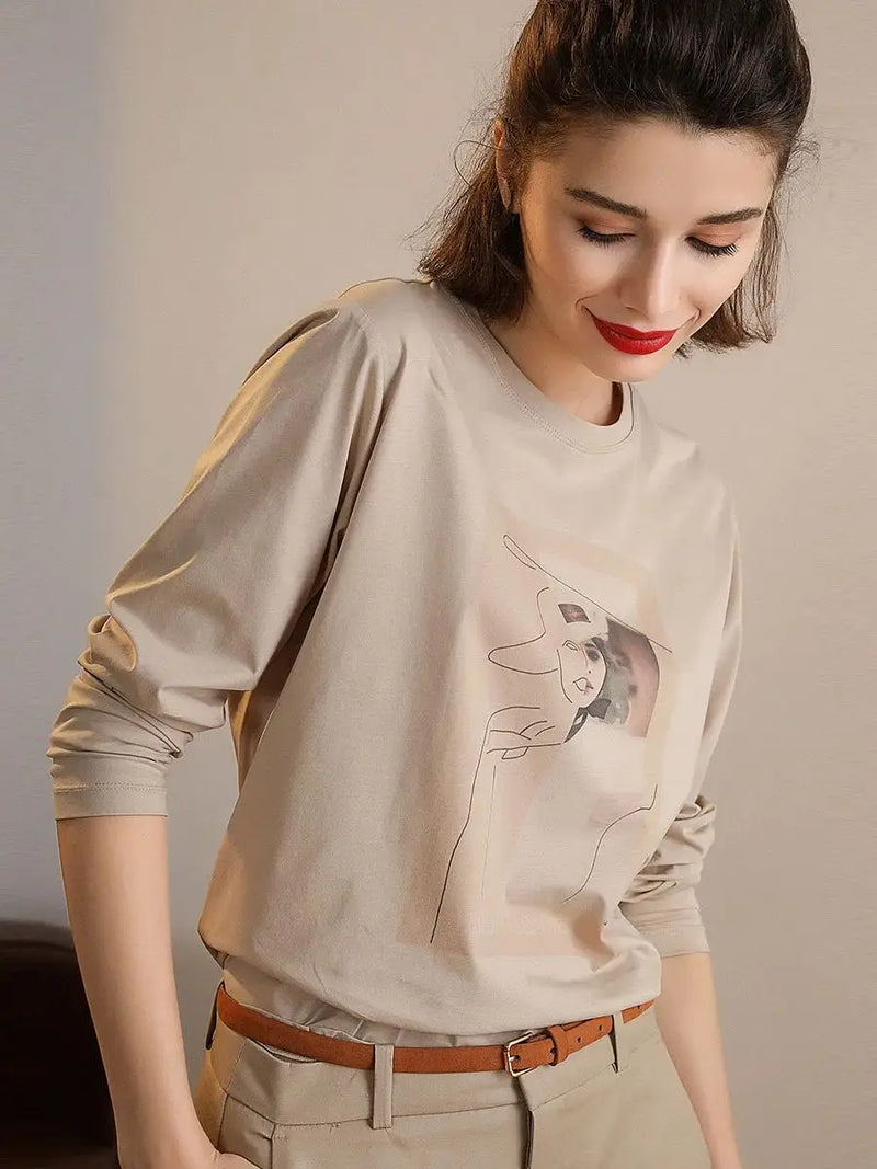 LOUIS YAO Women Tees Undershirt 2023 Autumn Long Sleeve O Neck Printed Long Sleeve T-shirt Women Top Casual Basic All Match Top