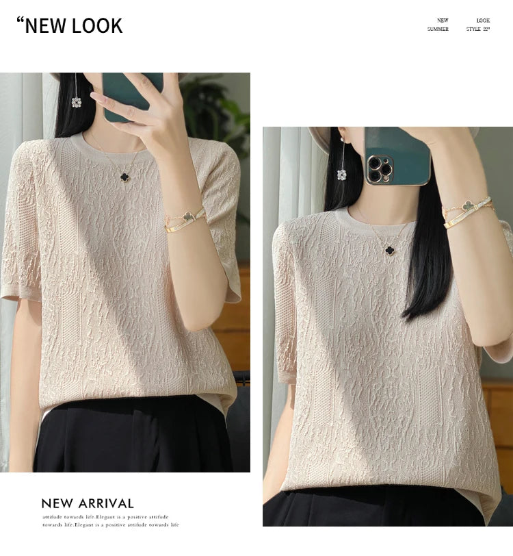 3D Relief Ice Silk Knitted Short Sleeved Women's Round Neck Loose Thin Jacquard Top Wth a Base T-shirt  2024Hot Selling Items