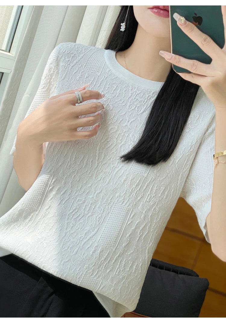 3D Relief Ice Silk Knitted Short Sleeved Women's Round Neck Loose Thin Jacquard Top Wth a Base T-shirt  2024Hot Selling Items