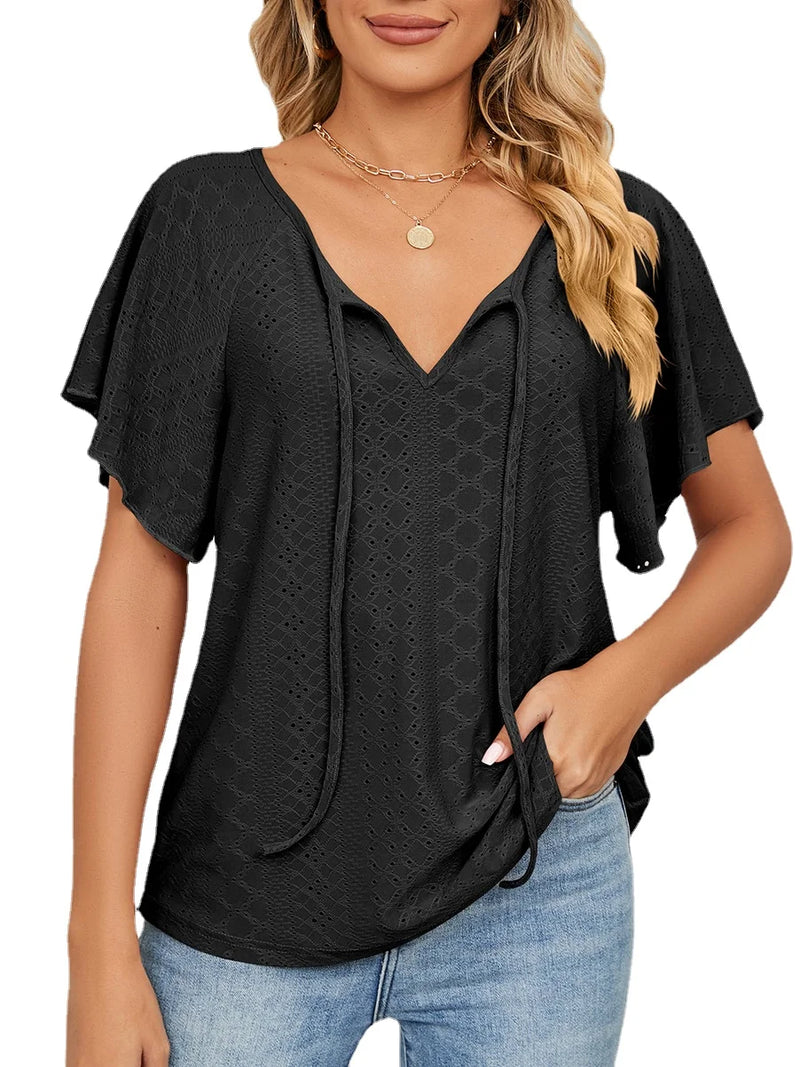 Women's Short Sleeve Solid Round Neck Lace Up T Shirt, Tops