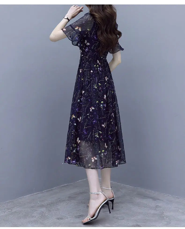 Stylish Casual Butterfly Printed Midi Dress Summer Bandage Elegant V-Neck Female Clothing A-Line Commute Ruffles Spliced Dresses