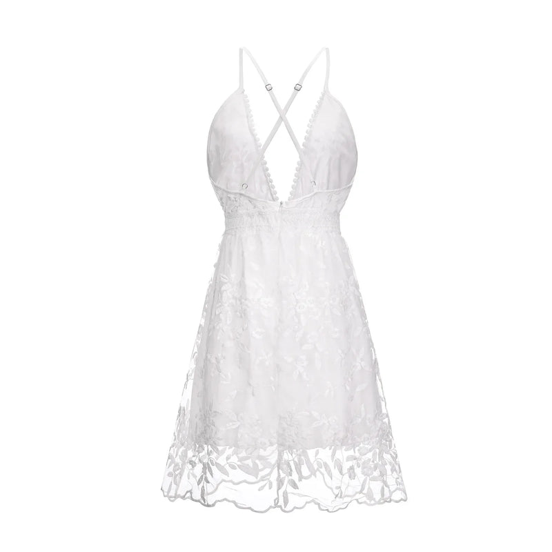 2024 Summer Elegant Embroidery V Neck White Dress for Women Beach Lace Sling Dress Backless Casual  Sleeveless Sexy Dress 21800