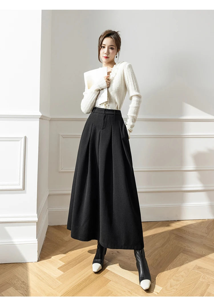 Elegant Women Faux Woolen Skirts For Office Ladies Pockets Casual Loose A-Line High Waist Midi Skirt 2023 Autumn Winter SK11