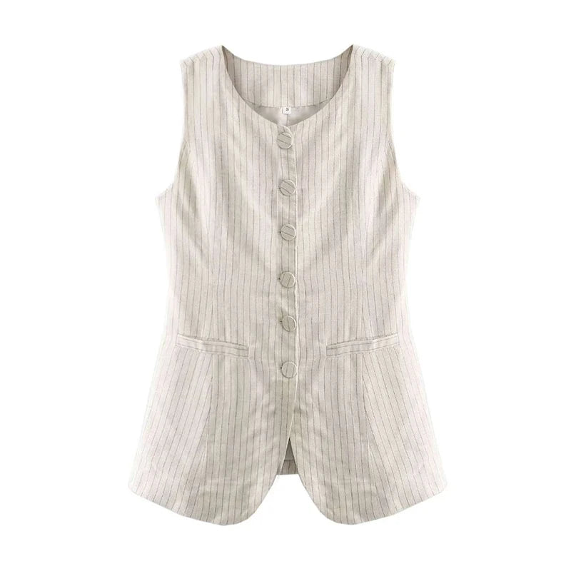 Fashion Linen Stripe Vests Women's 2024 Elegant O-neck Sleeveless Waistcoat Female Casual Single Breasted Pockets Lady Chic Tops