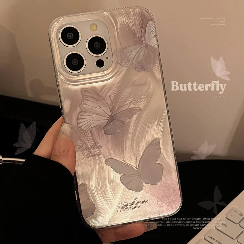 Luxury Ins Laser Butterfly Phone Case For iPhone 15 14 13 12 11 Pro Plus Hard IMD Shockproof Bumber Back Cover