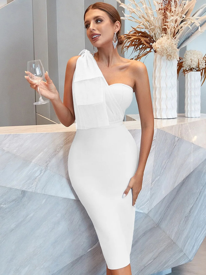 Fashion Women's Bandage Dress  One Shoulder Black Bow Elegant Wedding Party Evening Midi Club Dresses Bodycon luxury Celebrity