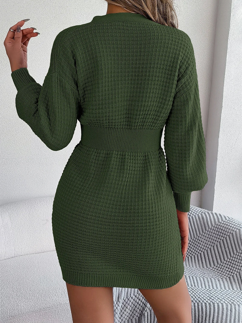 Twist Women Knitted Dress V-neck Autumn 2024 Knitwear Ladies Winter Lantern Sleeve Vintage Wool Vestido Dropshippping