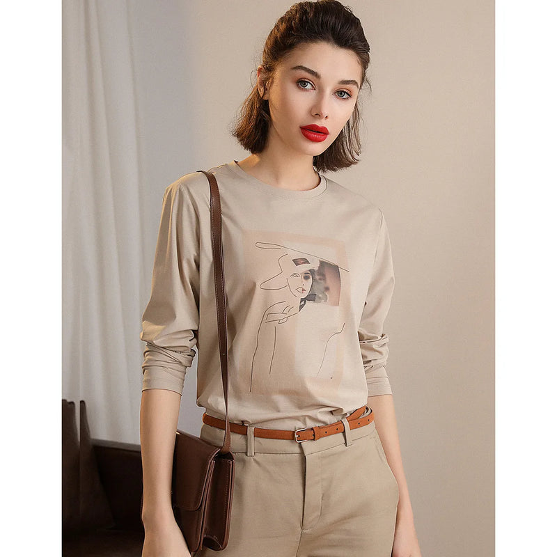 LOUIS YAO Women Tees Undershirt 2023 Autumn Long Sleeve O Neck Printed Long Sleeve T-shirt Women Top Casual Basic All Match Top