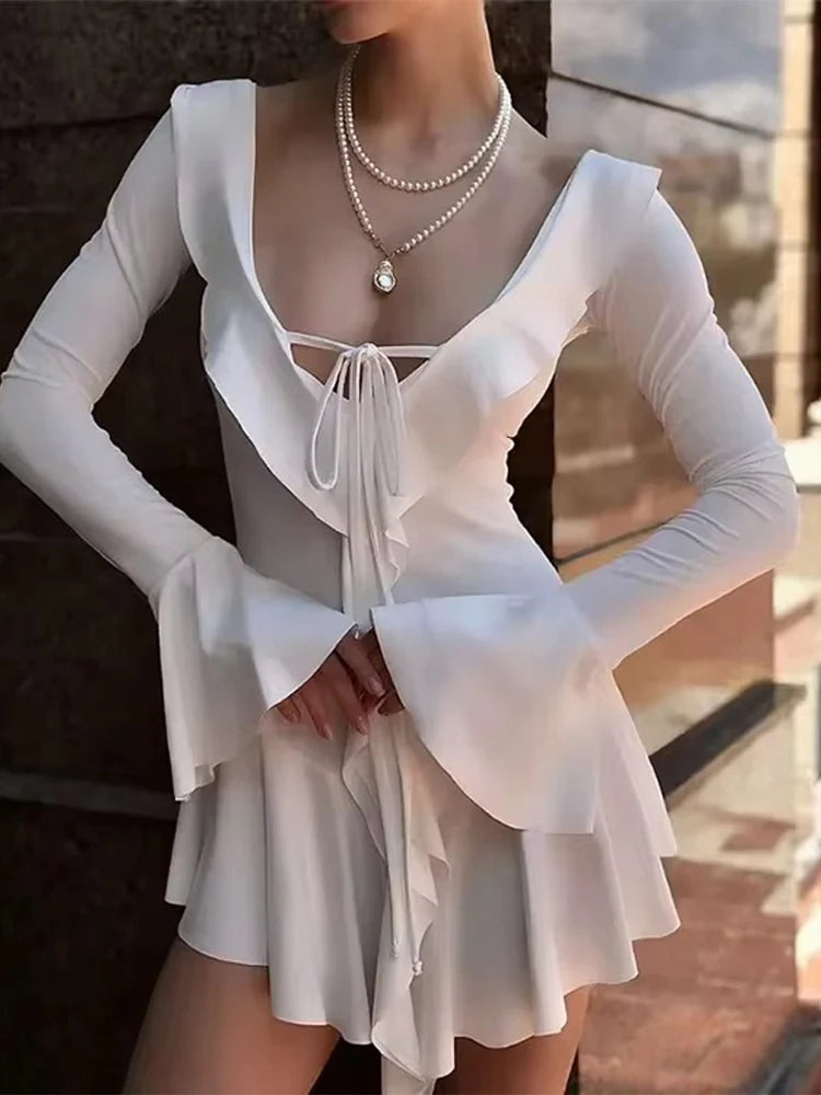 Elegant Ruffled Mini Dress Women Sexy Slim V Neck Lace Up Robe Female 2024 Summer Fashion Flare Sleeves Solid Beach Dresses Lady