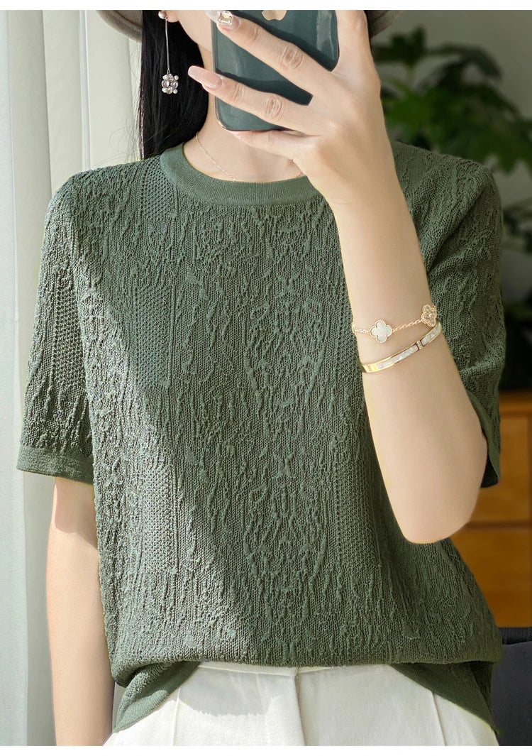 3D Relief Ice Silk Knitted Short Sleeved Women's Round Neck Loose Thin Jacquard Top Wth a Base T-shirt  2024Hot Selling Items