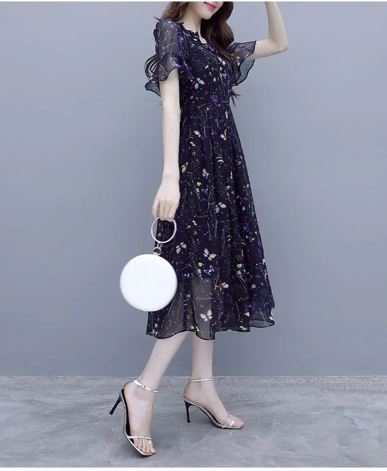 Stylish Casual Butterfly Printed Midi Dress Summer Bandage Elegant V-Neck Female Clothing A-Line Commute Ruffles Spliced Dresses