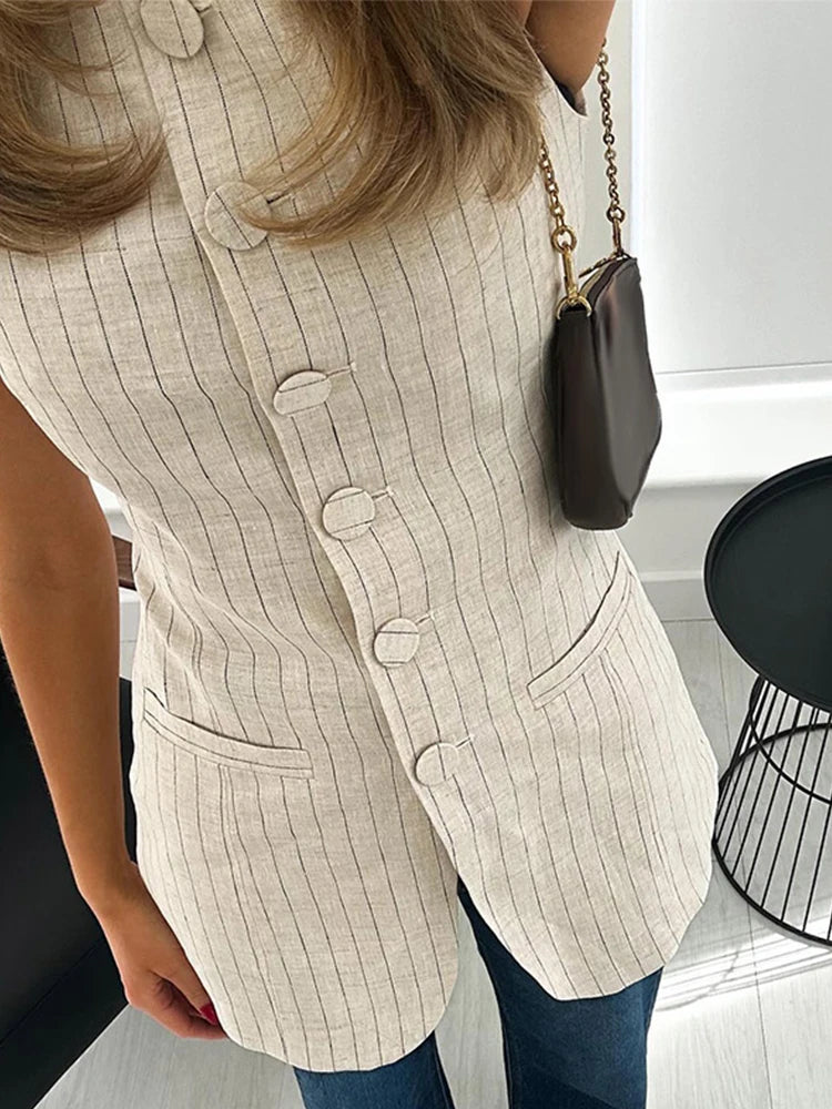 Fashion Linen Stripe Vests Women's 2024 Elegant O-neck Sleeveless Waistcoat Female Casual Single Breasted Pockets Lady Chic Tops