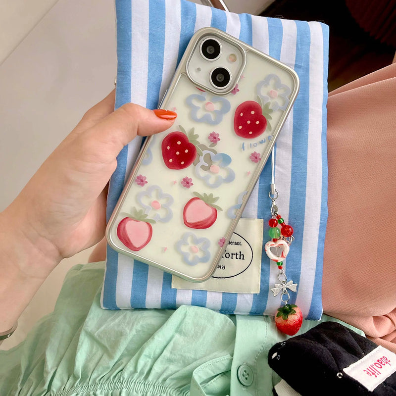 3D strawberry chain painting blue flower fruit phone case for iphone 12 15promax 14pro 13pro 15 pro max ins plating cover coque