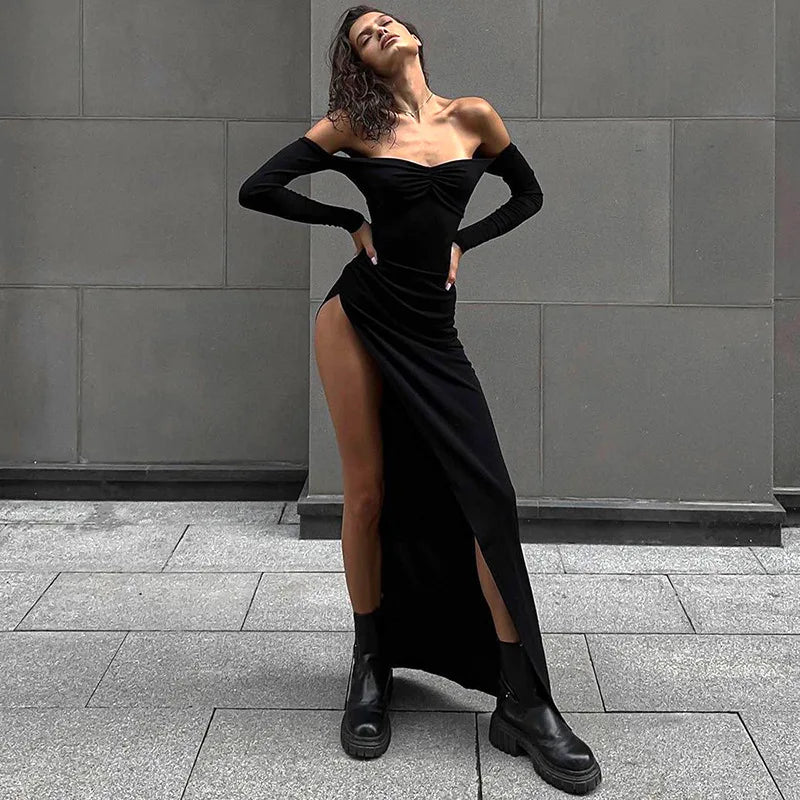 Off Shoulder Maxi Dresses For Women Clothes Black Vestidos Elegantes Para Mujer Long Sleeve Robe Femme High Slit Sexy Streetwear