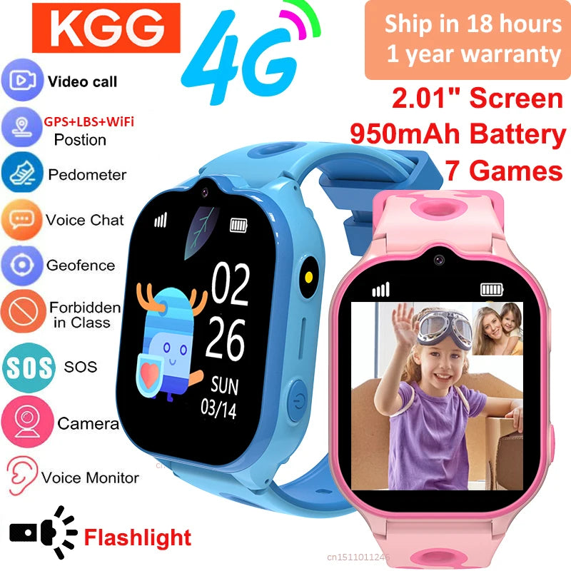 Relógio de pulso infantil Relógio inteligente infantil 4G GPS Chamada de vídeo Bateria de 950 mAh SOS Smartwatch Câmera Monitor Rastreador Localização Telefone Relógio