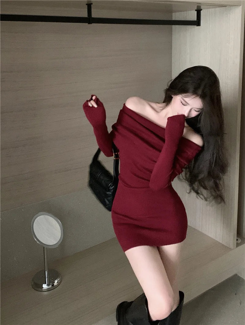 Black Off Shoulder Mini Dresses Elegant Long Sleeve Fashion Slim Sexy Women Autumn Winter Clothing Skinny Sweater Dress Bodycon