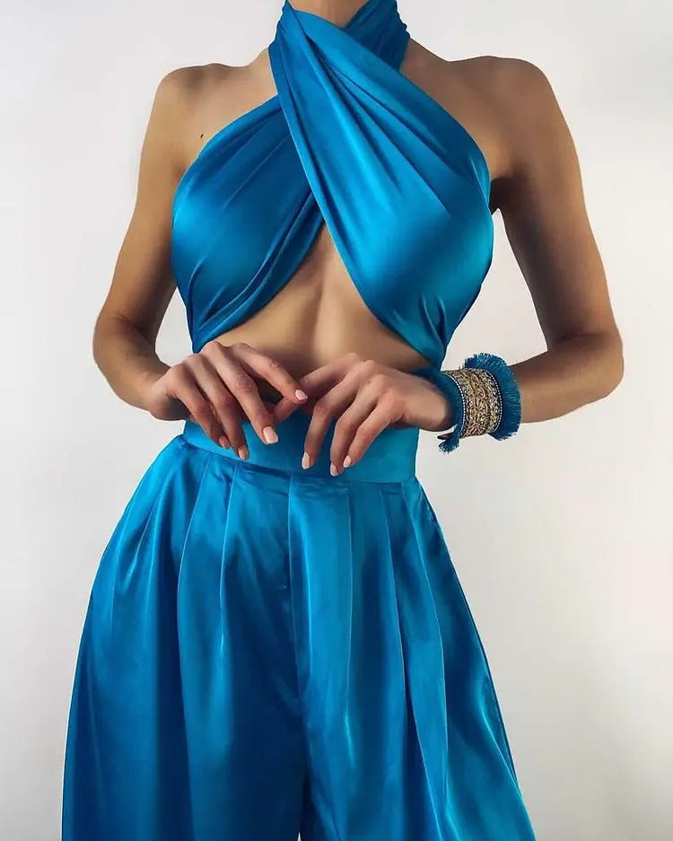 Summer Street Solid Color Sexy Cross Neck Sleeveless Halter Jacket High Waist Wide  Leg Pants Women'S Clothing Two-Piece Uit